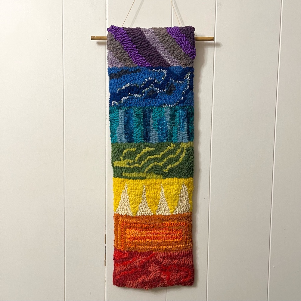 Handmade Chakra Rug Wall Hanging Fibre Art Hooking Textile Rainbow 24” Hooking